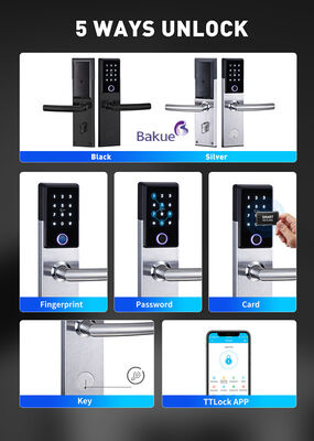 Bloqueo de puerta inteligente Bluetooth a prueba de fuego Negro plata con código de tarjeta Impresión digital APP WiFi Peso bruto 285Kg Sistema de entrada segura